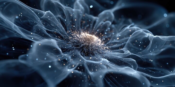 Translucent blue fractal flower-like structure with glowing particles, ethereal cosmic fantasy.

