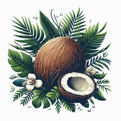 Detailed illustration of a coconut nestled among tropical leaves and flowers.  The piece features a realistic rendering of the coconut's texture and the foliage.