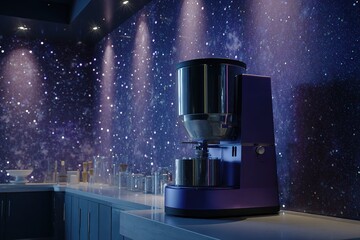 Coffee machine shines under starry backdrop in modern kitchen setting at nighttime