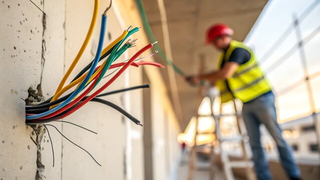Electrician working on exposed colorful wires in a building under construction