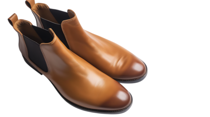 Pair of brown leather ankle boots isolated on transparent background, a stylish and versatile footwear option for men, perfect for adding a touch of classic elegance to any outfit