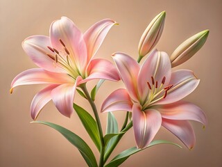 Fototapeta premium A beautiful pink and white lily in full bloom with green leaves