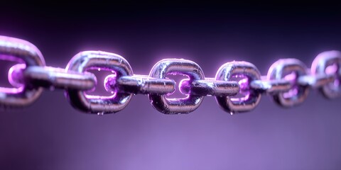 Closeup metallic purple chain links on blurred violet background, industrial fantasy detail.


