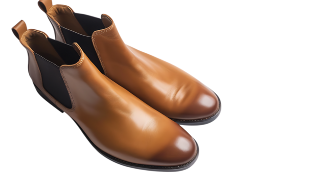 Pair of brown leather ankle boots isolated on transparent background, a stylish and versatile footwear option for men, perfect for adding a touch of classic elegance to any outfit