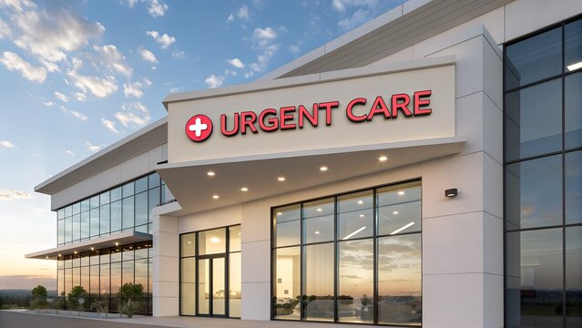 Modern urgent care medical clinic building exterior at dusk
