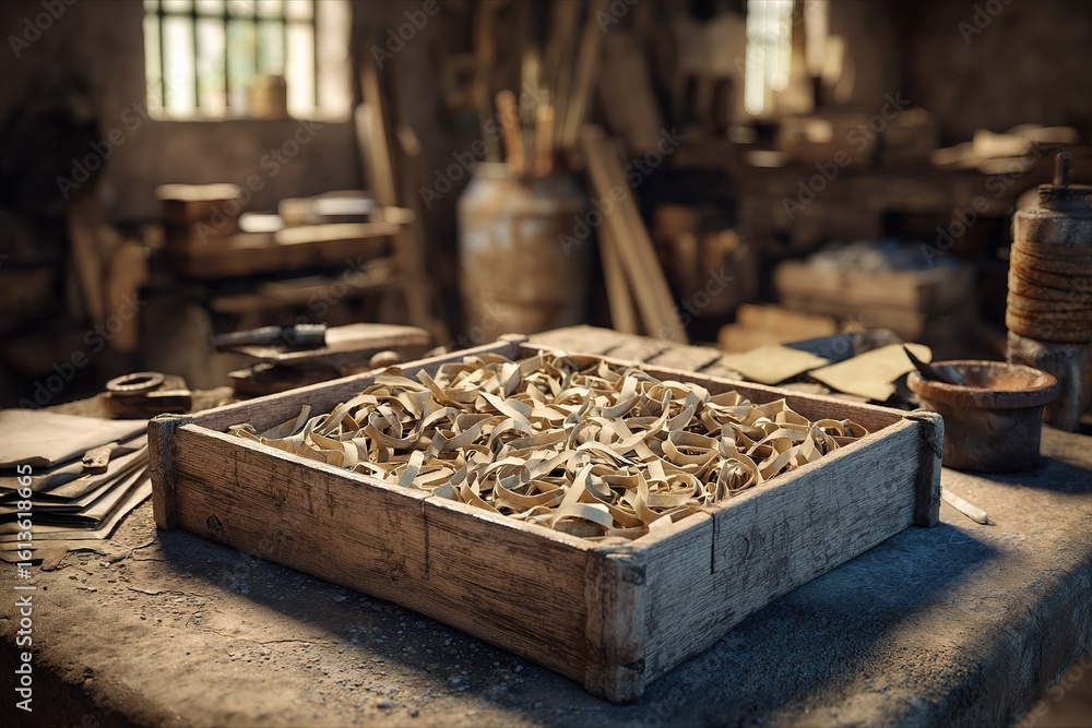 Poster craftsman workspace filled with wooden shavings and tools in a rustic setting