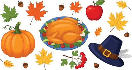 Thanksgiving holiday vector&mdash;roasted turkey with vegetables, pumpkin, pilgrim hat, autumn leaves, berries and acorns illustration for seasonal celebration