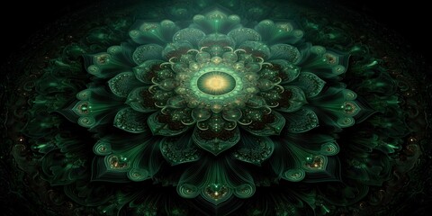 Radiant emerald green mandala flower with layered petals, glowing deep center, detailed symmetry.


