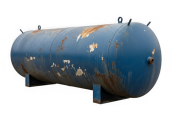 A blue industrial storage tank is isolated on a transparent background