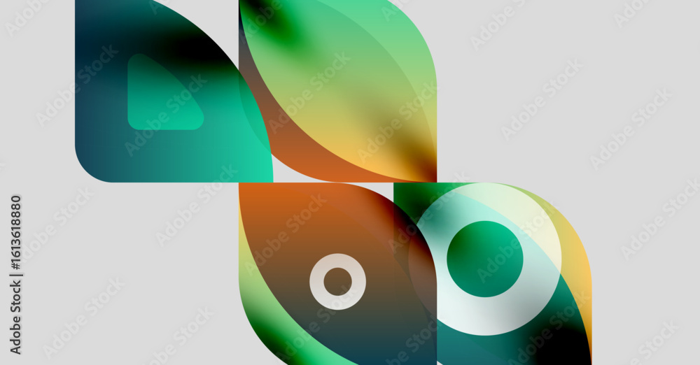 Poster abstract shapes overlap, creating vibrant color blends. smooth gradients suggest fluid movement, mod