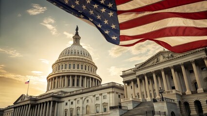 American flag waving in front of the united states capitol building