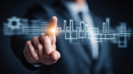 A businessman in a suit points at a digital interface displaying graphs and data. The background is dark, emphasizing the technology theme.
