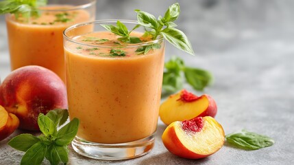 Fototapeta premium A peach and basil smoothie, bright orange, rich apricot texture, green leaves, blue straw on a wooden surface, fresh peaches in the background, enjoy a healthy tasting on the go.