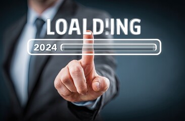 Businessperson's finger touches a transparent search bar with "LOADING" and "2024" displayed