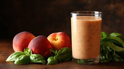 A peach and basil smoothie, bright orange, rich apricot texture, green leaves, blue straw on a wooden surface, fresh peaches in the background, enjoy a healthy tasting on the go.