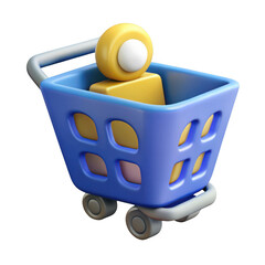 3d blue shopping cart with yellow character isolated on transparent background