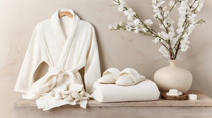 Soft white bathrobe draped elegantly on a wooden table, accompanied by matching slippers, towels, and a vase with delicate flowers, creating a serene spa-like atmosphere