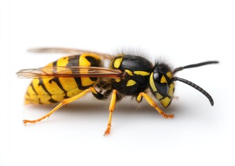 Close-up of a wasp, side profile, yellow and black stripes, against white background