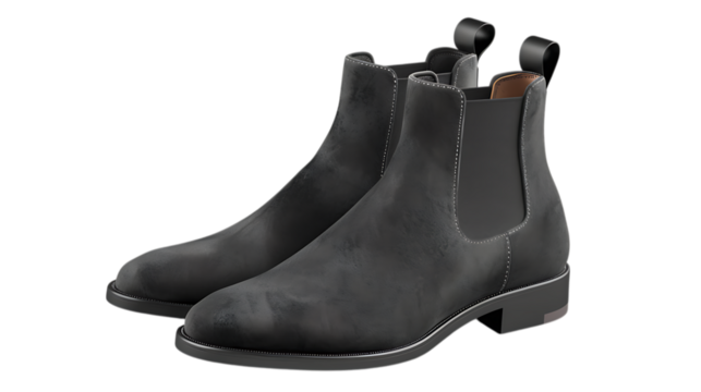 Pair of stylish black suede chelsea boots isolated on transparent background, perfect for adding a touch of sophistication to any outfit, blending comfort and style seamlessly