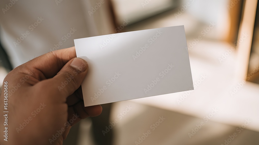 Poster hand holding blank business card with copy space for design, showcasing minimalistic style and soft 