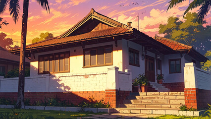traditional Chinese house, anime style, red brick home entrance with large windows in India