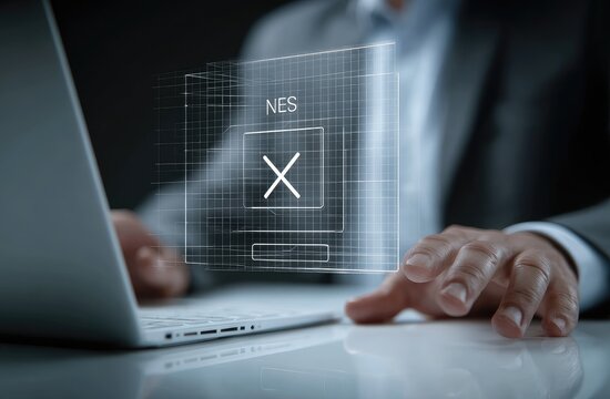 Businessperson using laptop, digital interface displays 'NES' and close/delete icon