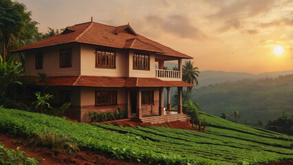 Traditional Red Brick House in a village surrounded by mountains & beautiful plantations, home located in the middle of a picturesque hill station with a gorgeous sunset in the background