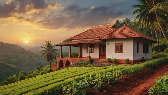 Traditional Red Brick House in a village surrounded by mountains & beautiful plantations, home located in the middle of a picturesque hill station with a gorgeous sunset in the background