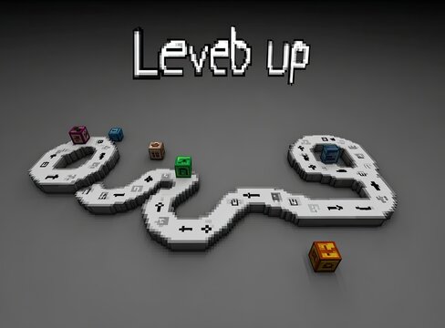 Pixelated board game, winding path, dice scattered