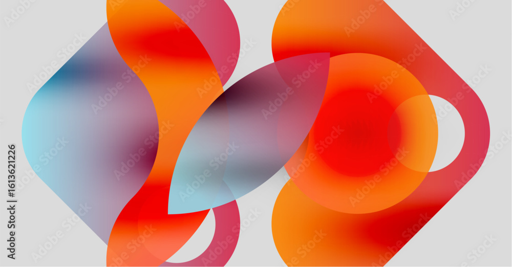 Poster abstract composition featuring overlapping translucent shapes. warm colors dominate, blending into c