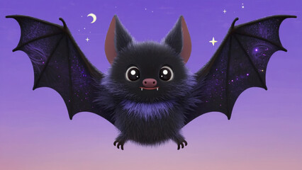 Cute Black Bat Flying on Lavender Sky Background