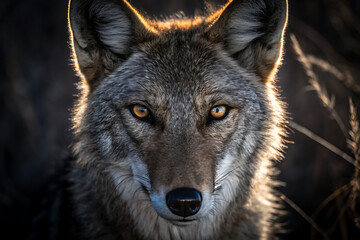 Obraz premium Close up portrait of a coyote with intense yellow eyes in natural light