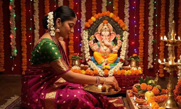 Indian woman performing puja of lord Ganesha during the Hindu festival of Ganesh Chaturthi.