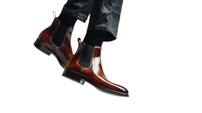 Elegant brown leather chelsea boots for men, isolated on transparent background, showcasing classic style and fashion with a focus on footwear, perfect for formal wear and stylish outfits