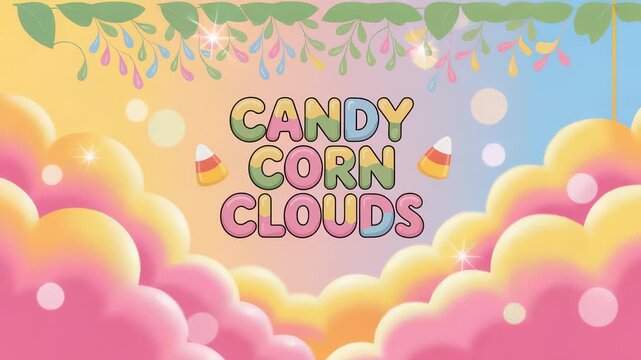 Pastel candy corn cloudscape with bouncing shapes and twinkling light