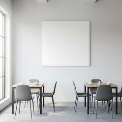 A modern dining room features minimalist decor and a blank canvas