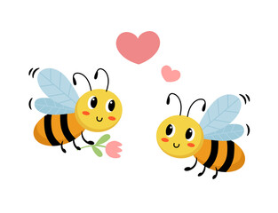 Valentine's day vector illustration with cute  bee and heart sign symbol on white background.