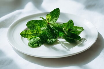 Fresh mint leaves arranged on a white ceramic plate in natural daylight
