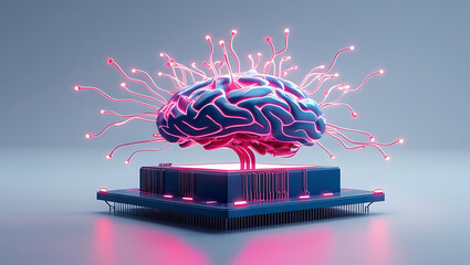 Generative AI interface design concept with neon brain and circuit board