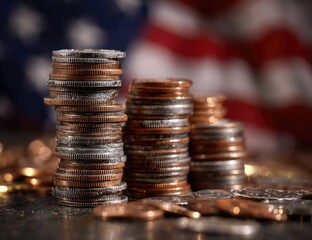 Stacks of coins against an American flag (1)