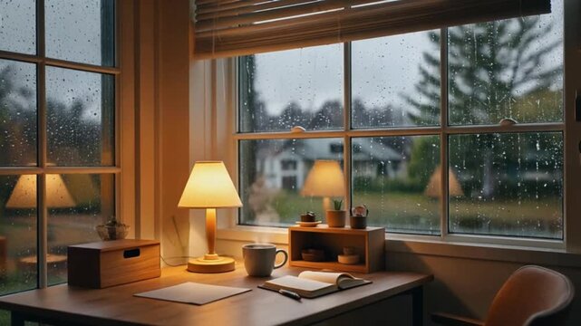 Cozy study space with a rainy window view desk lamps book coffee and rain droplets on window