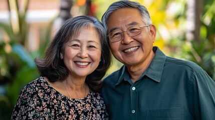 Joyful senior couple sharing a warm, genuine smile outdoors with lush greenery and soft natural lighting creating a serene backdrop