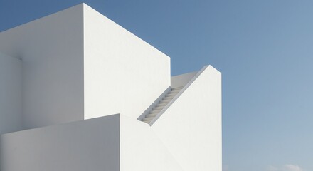 Modern architecture white building exterior design under blue sky minimalist aesthetic render steps outdoor