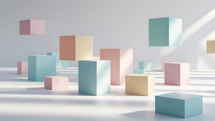 Generative AI interface design features pastel blocks floating bright space, creating serene