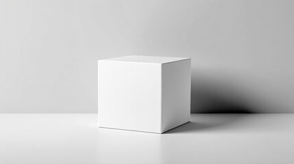 A plain white cube on a smooth surface against a light gray background. The cube is perfectly symmetrical and has no markings or textures.