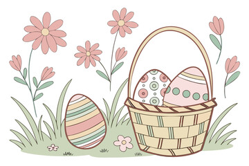 Easter eggs and flowers in a basket on a grassy field