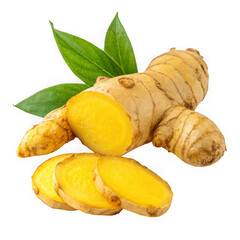 Fresh ginger root with slices and green leaves isolated on transparent background