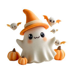 Cute clay ghost character with big eyes, tiny orange hat, and playful bats surrounded by cheerful pumpkins