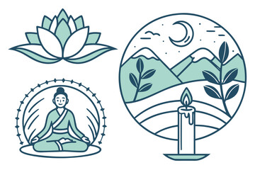 Zen meditation lotus flower and candle with mountain landscape