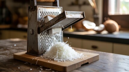 coconut processing A vintage grater sits on a wooden board, with shredded cabbage spilling out, set in a warm kitchen environment.
